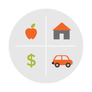icon of an apple, house, money, and a car