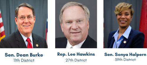 Head shots of three legislators in a horizontal row. From left to right: Sen. Dean Burke, Rep. Lee Hawkins, and Sen. Sonya Halpern