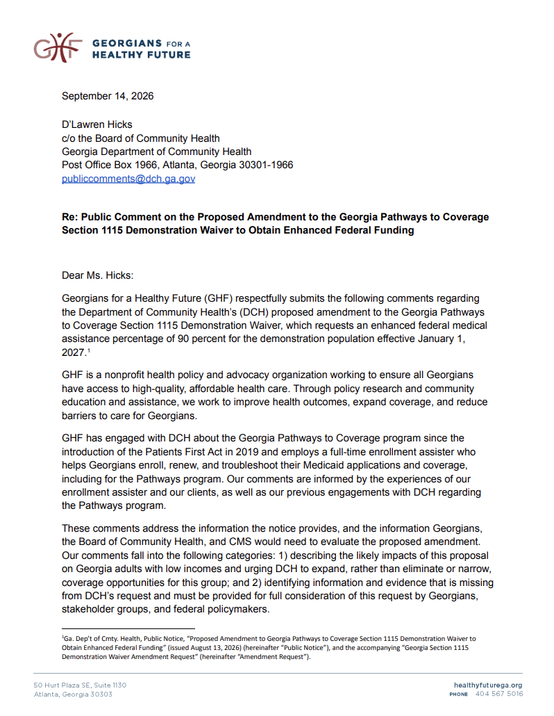 First page of GHF's public comment letter to the Georgia Department of Community Health on the proposed Pathways to Coverage waiver amendment.